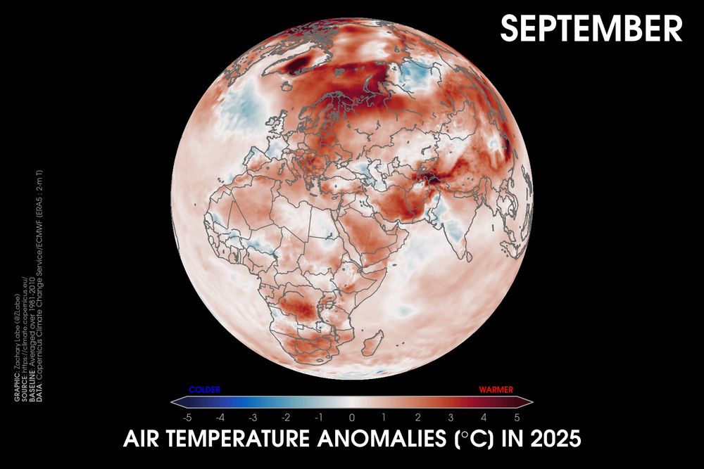 Orthographic map showing 2-m air temperature anomalies in September 2025 relative to a 1981-2010 baseline using ERA5 data. This visualization shows Africa, Europe, and western Asia. Most areas are warmer than average.
