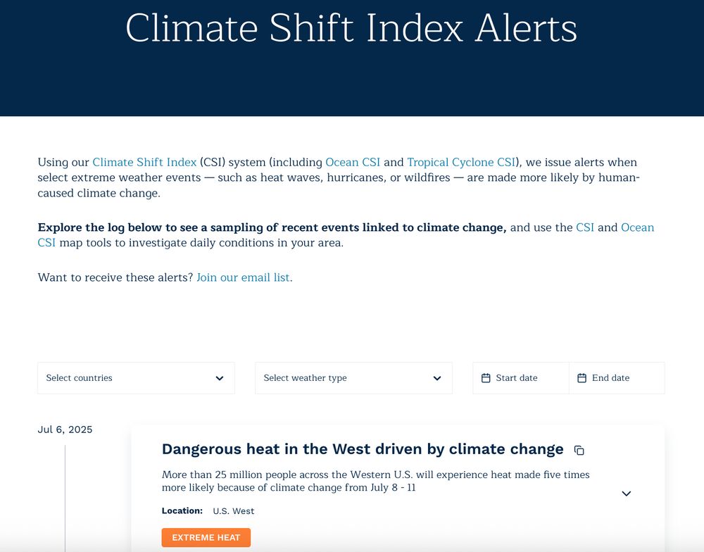 Screenshot showing the Climate Shift Index Alerts at Climate Central for exploring the log to see a sampling of recent events linked to climate change using the CSI tool.