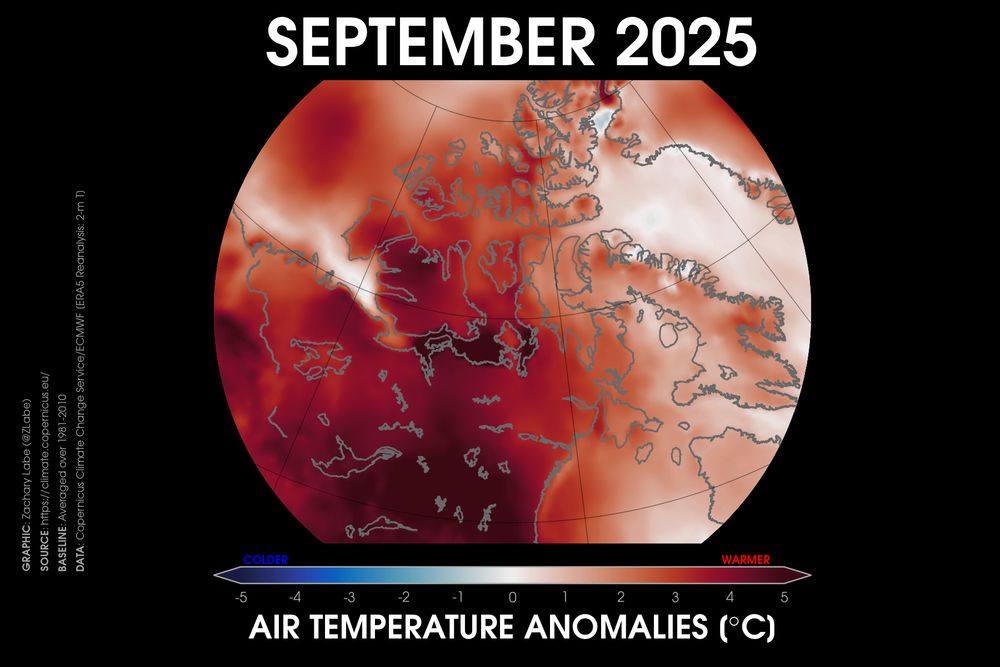 Regional map of the Canadian Arctic showing September 2025 temperature anomalies. Most areas are warmer than average northeast of Hudson Bay. Anomalies are calculated to a 1981-2010 baseline with red being warmer than average, and blue being colder than average.