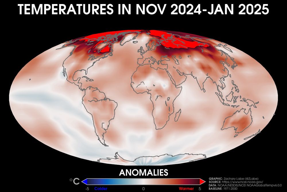 Global map showing surface air temperature anomalies for the November 2025 to January 2025 period across the entire planet. Most all areas were warmer than average, especially in the Arctic. This data set is from NOAA's NOAAGlobalTempv6.0.0 using anomalies with a 1971-2000 climate baseline. Red is shown for warmer than average temperatures, and blue is shown for colder than average temperatures.