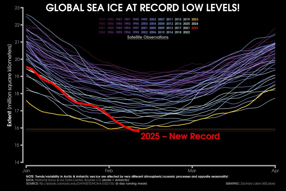 Line graph time series of 2025's daily global sea ice extent in red shading compared to each year from 1979 to 2024 using shades of purple to white for each line for between the months of January and April. The year 2023 is also highlighted in yellow, which was the current absolute record low previously. There is substantial interannual and daily variability.