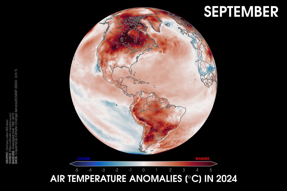 Orthographic map showing 2-m air temperature anomalies in September 2024 relative to a 1981-2010 baseline. This visualization shows North and South America. Most areas are warmer than average.