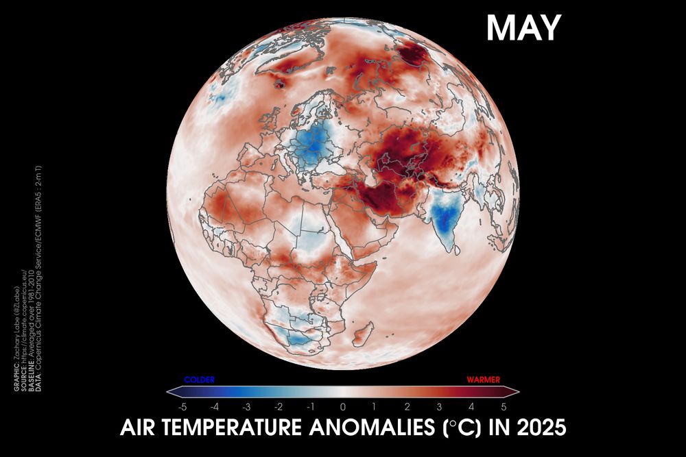 Orthographic map showing 2-m air temperature anomalies in May 2025 relative to a 1981-2010 baseline using ERA5 data. This visualization shows Africa, Europe, and western Asia. Most areas are warmer than average, especially over southwestern Asia.