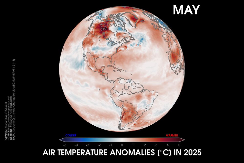 Orthographic map showing 2-m air temperature anomalies in May 2025 relative to a 1981-2010 baseline. This visualization shows North and South America. Most areas are warmer than average.