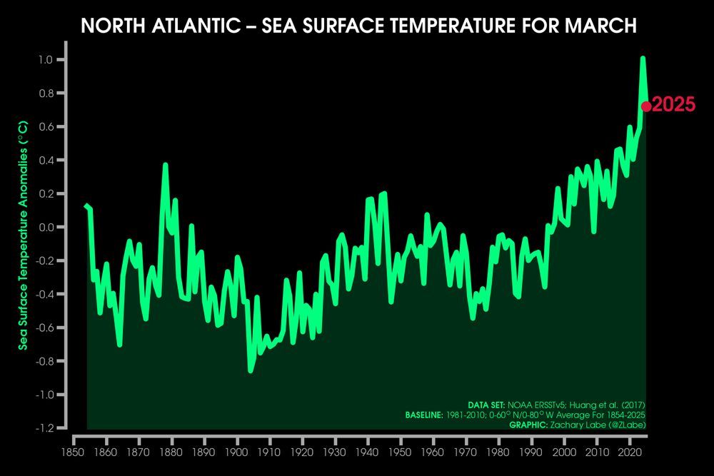 Green line graph time series of average sea surface temperature anomalies for each March from 1850 through 2025 for only the North Atlantic. There is large interannual variability, but an overall long-term increasing trend. Anomalies are computed relative to a 1981-2010 baseline.