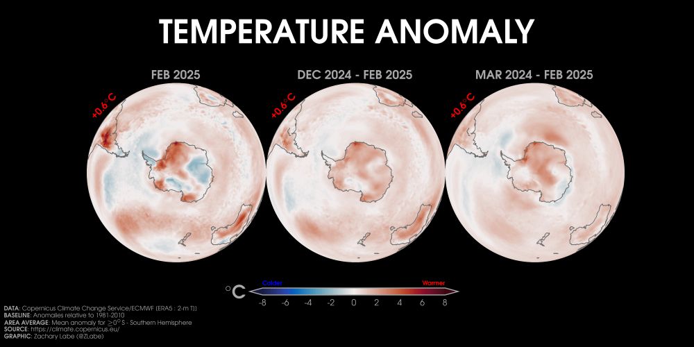 Three orthographic maps showing 2-m air temperature anomalies in February 2025, December 2024 to February 2025, and March 2024 to February 2025 in the Southern Hemisphere while looking downward at the South Pole. Blue shading is shown for colder anomalies, and red shading is shown for warmer anomalies. The mean surface temperature anomaly for each region and period is also shown in the upper left of each map. Anomalies are computed relative to 1981-2010.