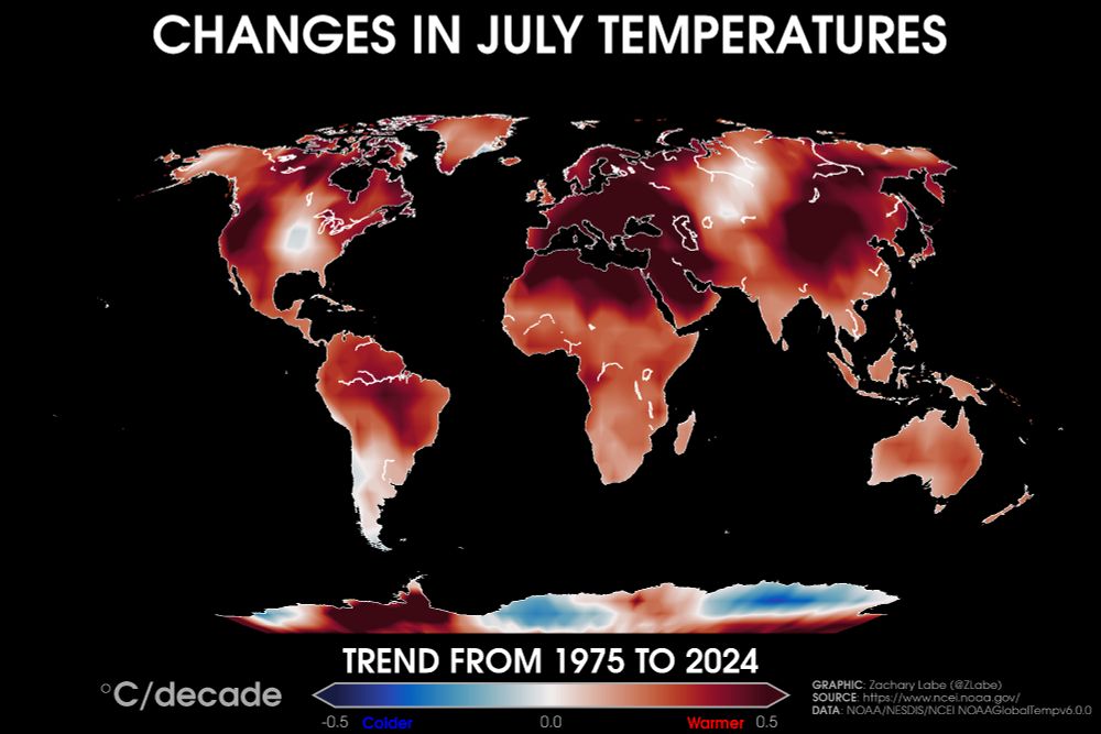 Global map showing surface air temperature trends for each July  period from 1975 to 2024. Only land areas are shown. Red shading is shown for warmer temperature trends, and blue shading is shown for colder temperature trends. Data is from NOAA/NESDIS/NCEI NOAAGlobalTempv6.0.0. The temperature trend scale is from -0.5°C/decade to +0.5°C/decade. Most areas are warming, though there is some spatial variability.