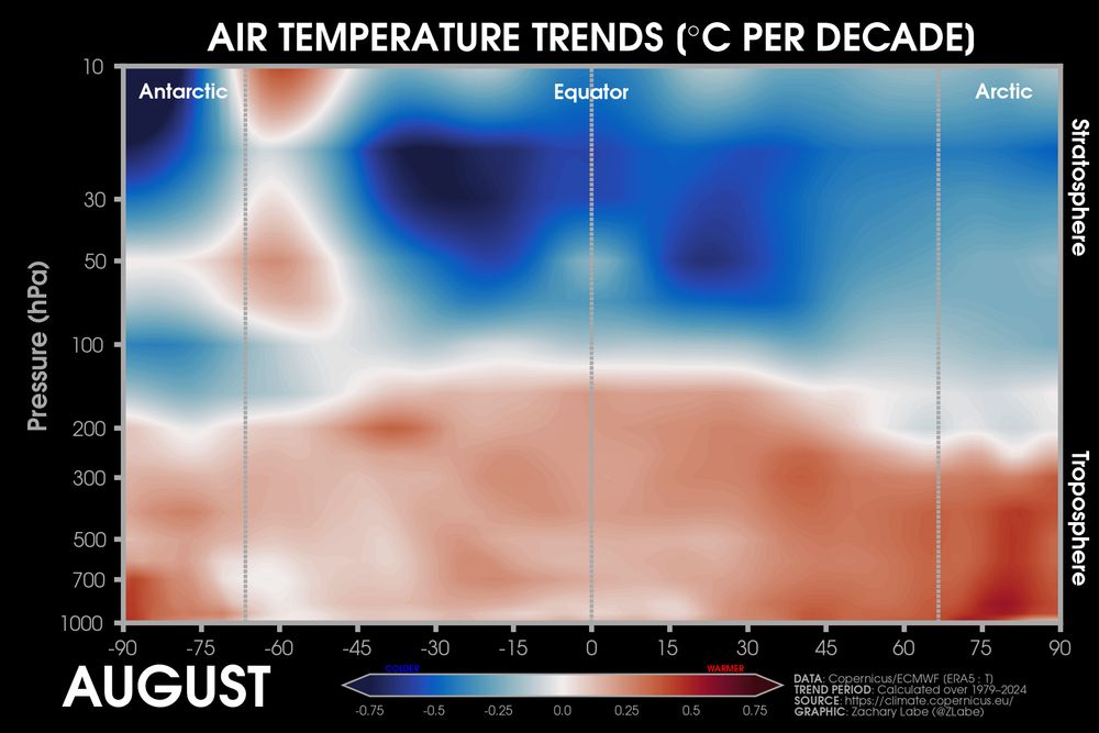 Graphic showing a vertical cross-section of zonal mean temperature trends for all latitude bands in August from 1979 through 2024. There is a long-term warming trend in the troposphere and cooling in the stratosphere. Red shading is shown for warming trends, and blue shading is shown for cooling trends.