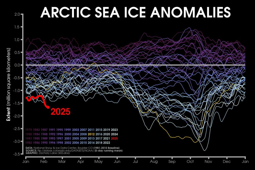 Line graph time series of 2025's daily Arctic sea ice extent anomalies in red shading compared to each year from 1979 to 2024 using shades of purple to white for each line. Anomalies are computed relative to a 1981-2010 baseline. 2025 is currently a record low. There is substantial interannual and daily variability. There is also a long-term decreasing trend.