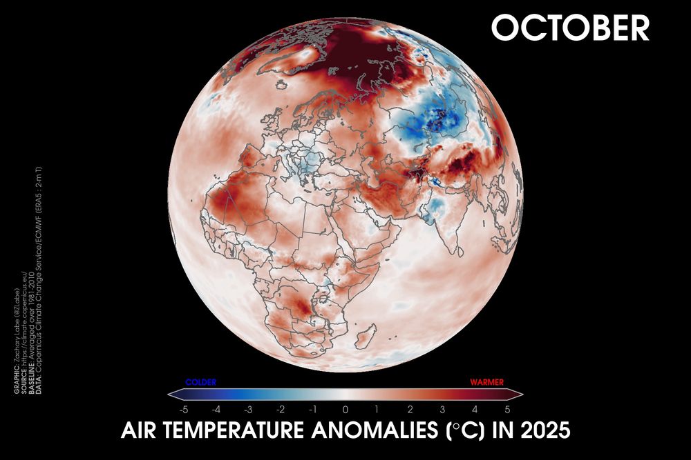 Orthographic map showing 2-m air temperature anomalies in October 2025 relative to a 1981-2010 baseline using ERA5 data. This visualization shows Africa, Europe, and western Asia. Most areas are warmer than average.