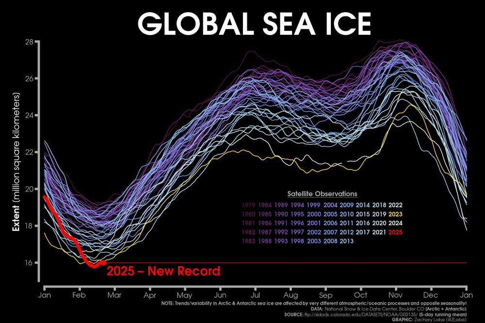 Line graph time series of 2025's daily global sea ice extent in red shading compared to each year from 1979 to 2024 using shades of purple to white for each line. There is substantial interannual and daily variability. Seasonal cycles are visible. Note: the poles are affected by very different Earth system processes/seasonality. I am using 5-day running mean data.