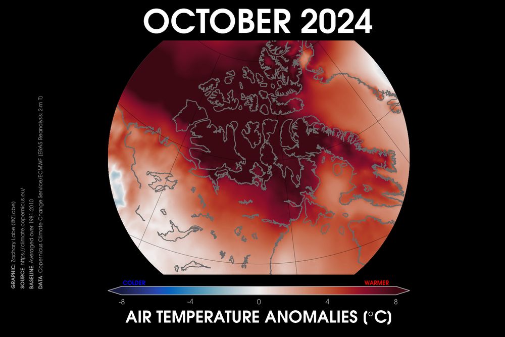 Regional map of the Canadian Arctic showing October 2024 temperature anomalies. Most areas are warmer than average. Anomalies are calculated to a 1981-2010 baseline with red being warmer than average, and blue being colder than average.