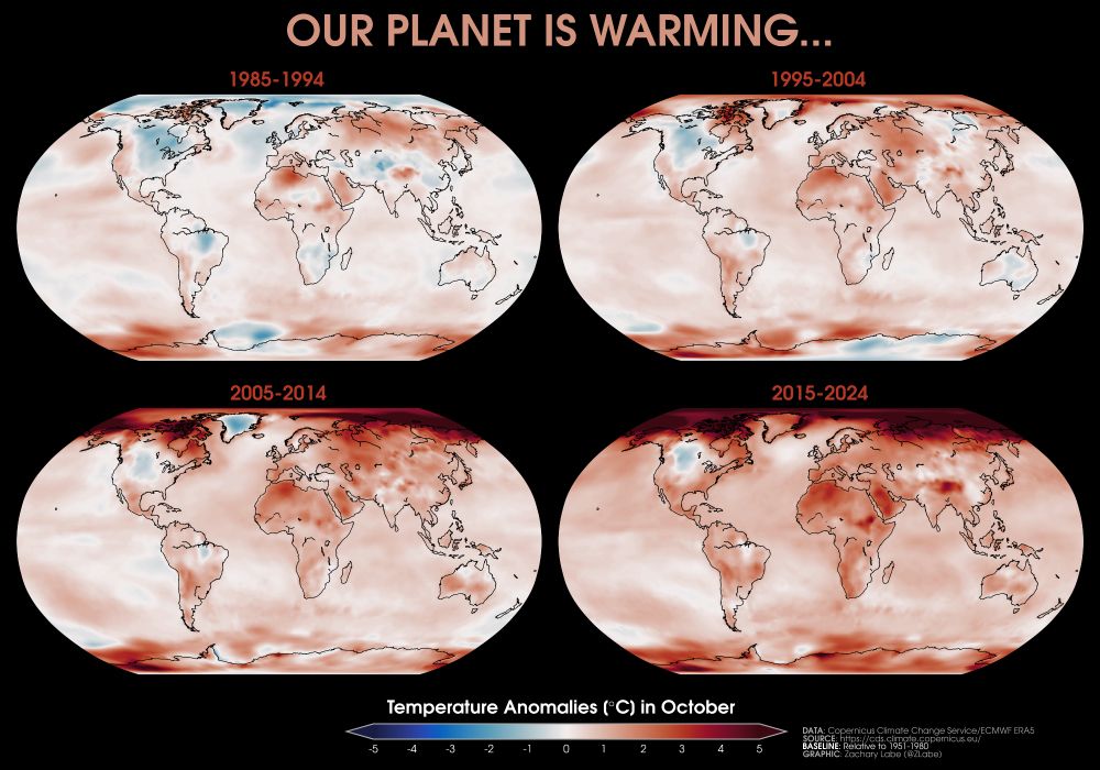 Four global maps showing near-surface air temperature anomalies for the month of October in 1985-1994, 1995-2004, 2005-2014, and 2015-2024. Most all areas are observing long-term warming, which is largest over the Arctic region and Asia. Anomalies are calculated relative to 1951-1980 from ECMWF ERA5 reanalysis.