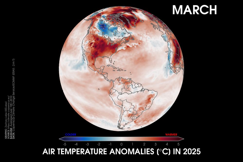 Orthographic map showing 2-m air temperature anomalies in March 2025 relative to a 1981-2010 baseline. This visualization shows North and South America. Most areas are warmer than average, except for central Canada.