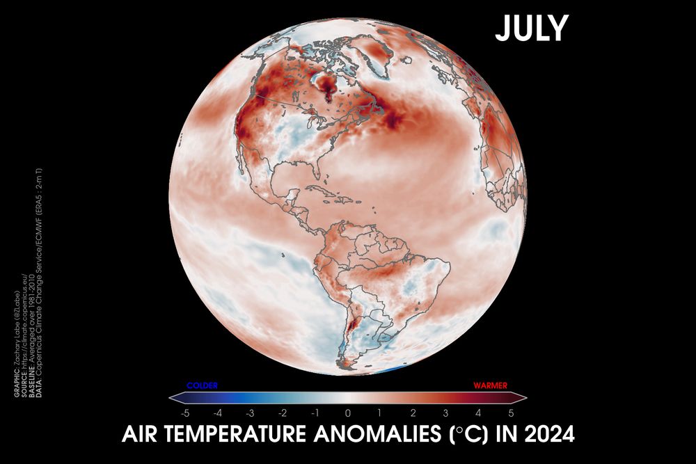 Orthographic map showing 2-m air temperature anomalies in July 2024 relative to a 1981-2010 baseline. This visualization shows North and South America. Most areas are warmer than average.