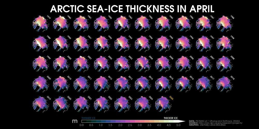 Collection of small polar stereographic maps showing the average April Arctic sea-ice thickness for each year from 1979 to 2025. There is large spatial variability, but a long-term decreasing trend. The thickness of ice ranges from 0 meters to more than 5 meters.