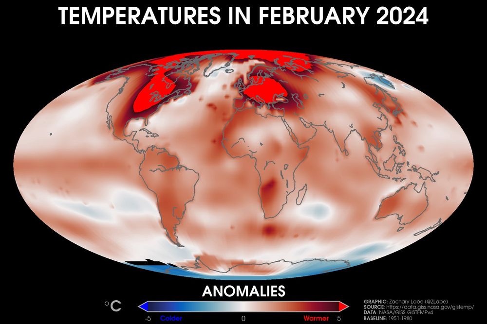 Global map showing surface air temperature anomalies for February 2024. Most areas are warmer than average, except for parts of the Antarctic. Red shading is shown for warmer anomalies, and blue shading is shown for colder anomalies.