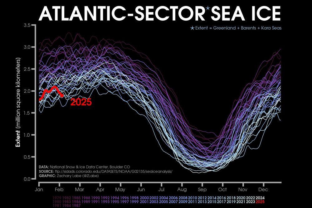 Graphic showing a line graph time series of daily Arctic sea ice extent in the Atlantic sector of the Arctic (Greenland + Barents + Kara Seas) for each year from 1979 to 2024. This year is shown in red. Purple to white color shading is used for each other year's line. There is a long-term decreasing trend for every day of the year.