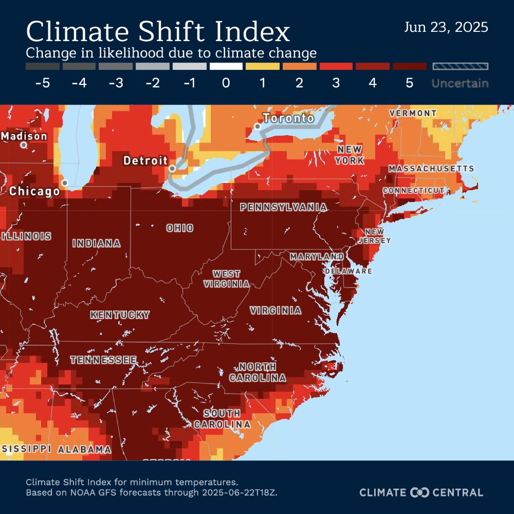 Climate shift index for June 23, 2025 across the eastern half of the United States. This is for minimum temperature and there is a level 5 change in likelihood due to climate change for most areas.