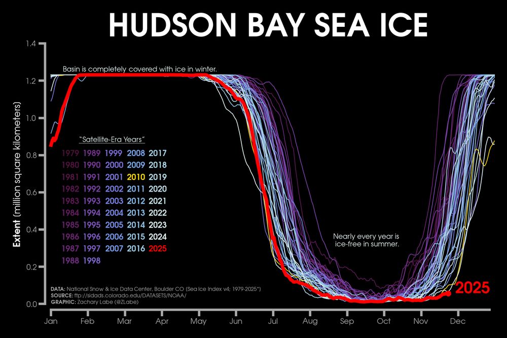 Line graph time series showing daily Arctic sea ice extent in the Hudson Bay for 2025 compared to each year from 1979 to 2024. There is a large seasonal cycle on this graph and a long-term decreasing trend for days during the melt season from June to December.