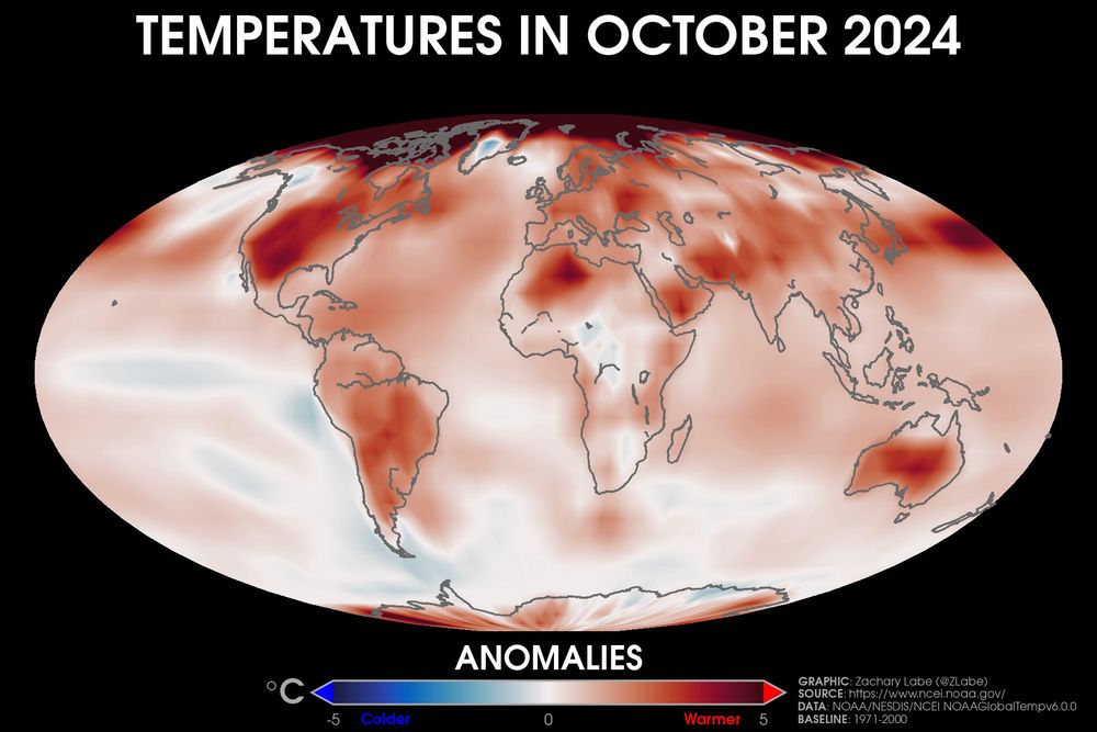 Global map showing surface air temperature anomalies in October 2024 across the entire planet. Most all areas were warmer than average. This data set is from NOAA's NOAAGlobalTempv6.0.0 using anomalies with a 1971-2000 climate baseline. Red is shown for warmer than average temperatures, and blue is shown for colder than average temperatures.