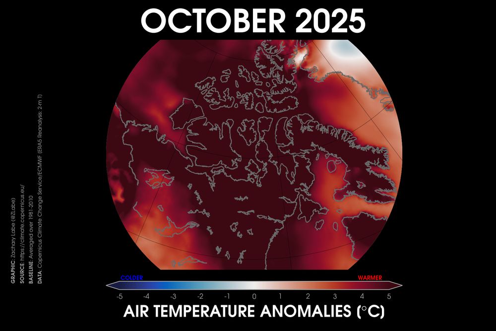 Regional map of the Canadian Arctic showing October 2025 temperature anomalies. Most areas are warmer than average. Anomalies are calculated to a 1981-2010 baseline with red being warmer than average, and blue being colder than average.