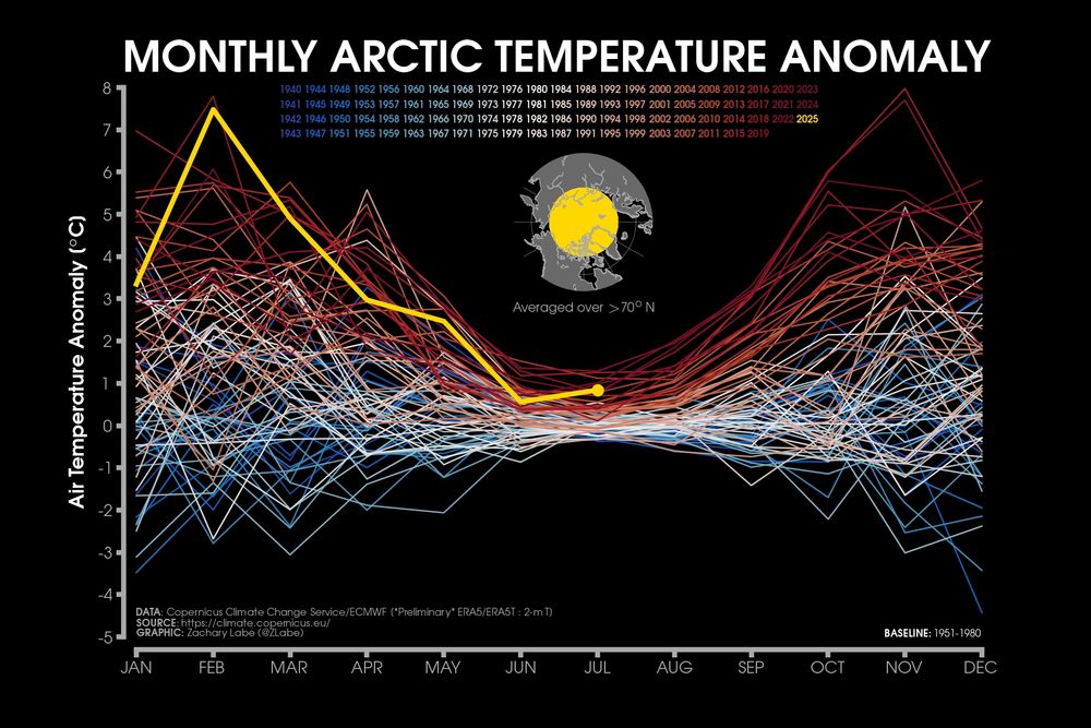 Line graph time series of monthly mean surface temperature anomalies for the Arctic region only. Every month is shown from 1940 to July 2025. There is a long-term warming trend in all months of the year and a strong seasonality in terms of the magnitude of the anomalies.