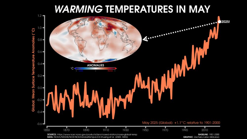 A line graph shows the time series of global mean surface temperature anomalies for each May from 1850 through 2025. There is a long-term increasing trend and large year-to-year variability. The mean surface temperature anomaly in May 2025 was 1.10°C globally. Anomalies are computed relative to a 1901-2000 climate baseline. A map of temperature anomalies in May 2025 is also shown. Red shading is for warmer than average temperatures, and blue shading is shown for colder than average temperatures. The climatological baseline on the map is relative to 1971 to 2000. All data is from NOAA/NESDIS/NCEI NOAAGlobalTemp v6.0.0 on this graphic.