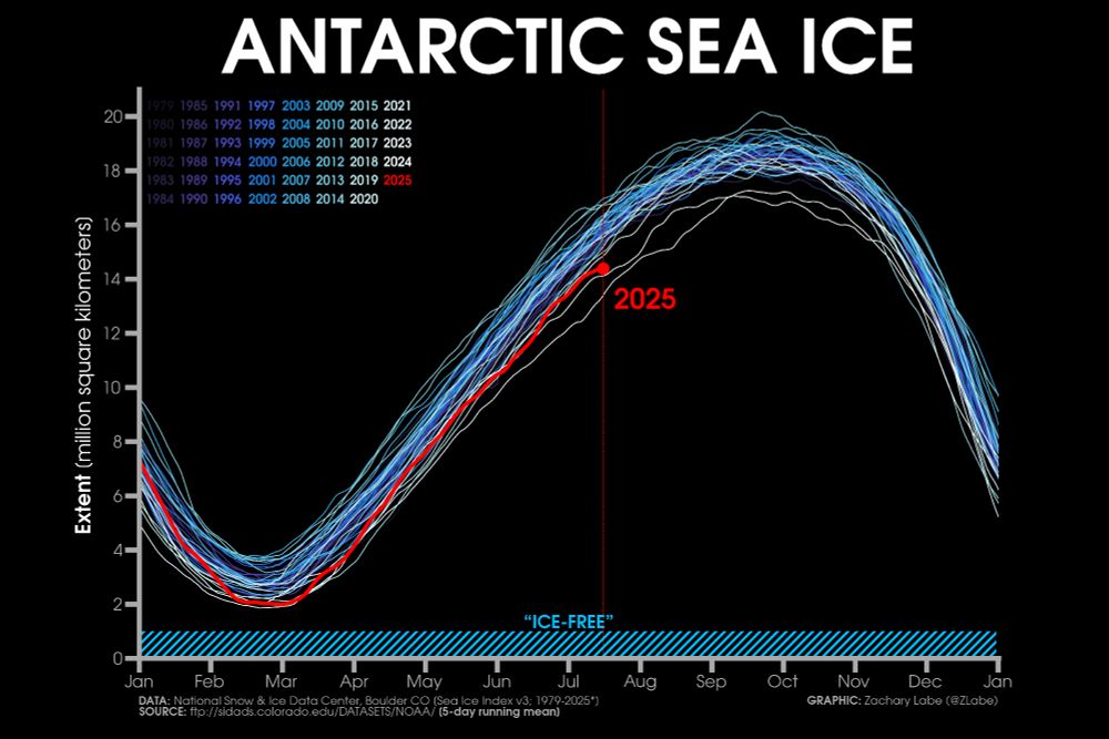 Line graph time series of daily Antarctic sea ice extent for each year from 1979 through 2025. A seasonal cycle is also visible on this graphic, but no long-term trend is visible.