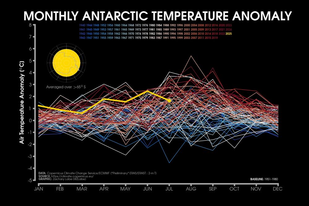 Line graph time series of monthly mean surface temperature anomalies for the Antarctic region only. Every month is shown from 1940 to July 2025. There is a long-term warming trend in all months of the year, but less obvious than the other regions.