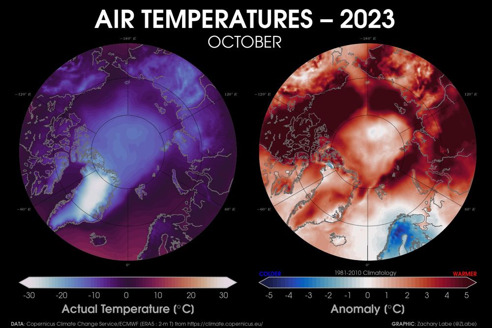 Two polar stereographic maps side-by-side showing actual air temperatures in October 2023 on the left and the temperature anomaly on the right for October 2023. Anomalies are calculated relative to a 1981-2010 baseline. All data uses ERA5 reanalyasis. All areas are warmer than average, except for Scandinavia.