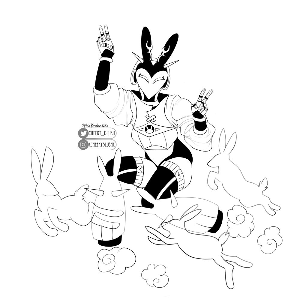 black and white image of my drawing of a robotic jackalope cyborg girl.
same description as the colored piece, but it’s just the plain line art version with no background.