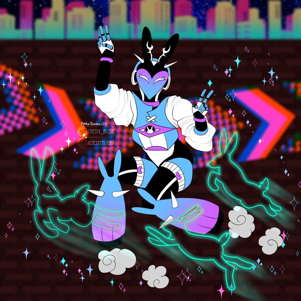 colored image of my drawing of a robotic jackalope cyborg girl.
she’s running and jumping with 3 neon sea green holographic rabbits in an alleyway that has a neon colored city view on top of it. a colorful arrow points right, while she’s going left; holding up peace signs in the process with both hands.
she is wearing a suit from head to toe that is black, a cool shade of blue, wisteria purple and arctic white. it has puffed sleeves that end with back forearm warmers. protective armor plate with rabbit logo. white horned helmet with black ears, white spikes on each side, and blue/white headphones. the faceplate is heart shaped with a blue/purple gradient, white eyes.
the boots are flat with rabbit ears on top, paw marks on the bottom. blue/purple gradient with 2 white spikes on each side.