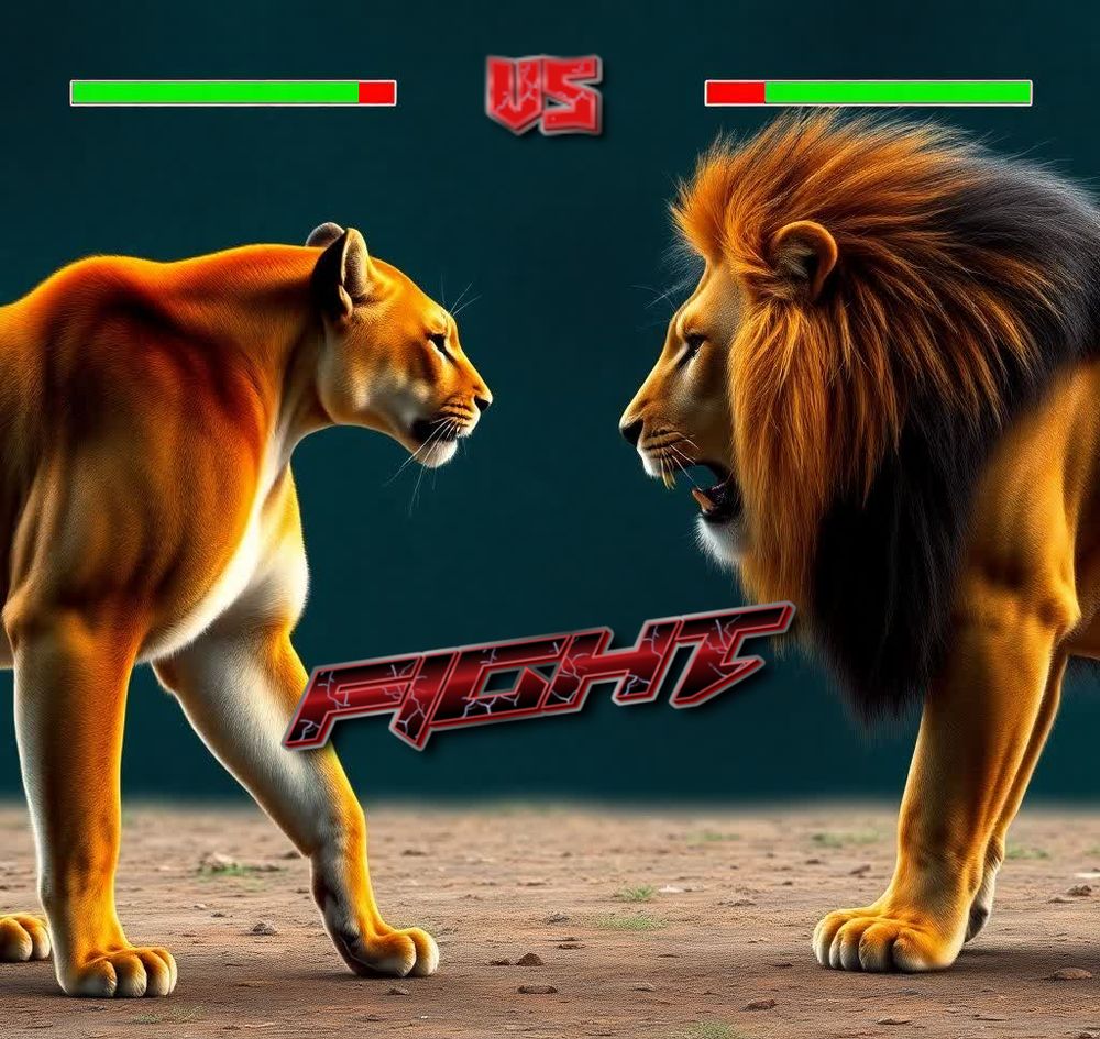 Ein Puma und ein Löwe stehen sich bedrohlich gegenüber, die Szene ist so aufgemacht eine Runde aus Videospielen wie Streetfighter oder Tekken, inkl. Healthbars und "Fight" Schriftzug