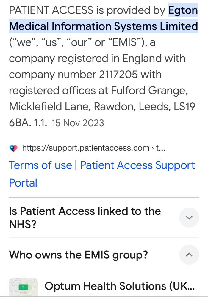 Patient Access is owned by EMIS - who are now owned by Optum…