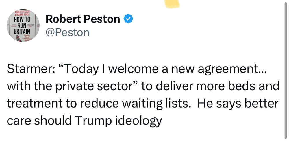 Starmer: "Today I welcome a new agreement... with the private sector" to deliver more beds and treatment to reduce waiting lists. He says better care should Trump ideology