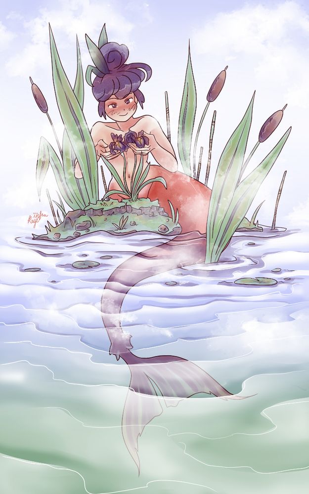 A mermaid done for Mermay 2024. A mermaid with a purple bun and red tail lies on a tiny island admiring the iris flowers blooming there surrounded by cattails and fog.