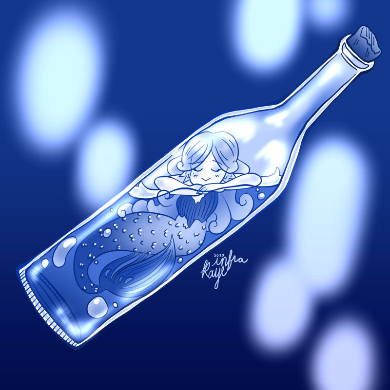 For Mermay 2023. A mermaid in a bottle. She rests her head on her arms floating on the surface looking very content.