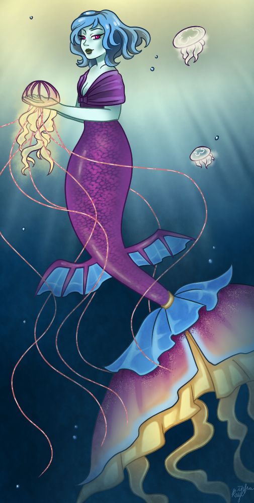 Mermay art for Serpent_Siren on Twitch. They are floating in the ocean, holding a jellyfish.