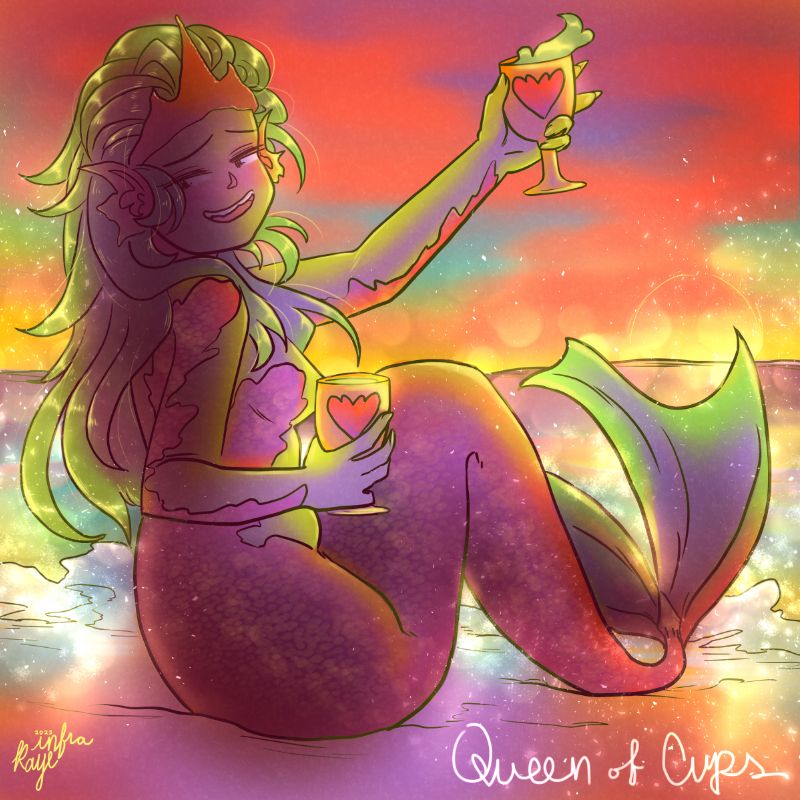 A mermaid done for Mermay 2023. A mermaid with long wet green hair and a pink tail sits on the beach with two heart goblets in her hands, holding one up in a cheers motions. She says "Have a drink, tell me your story."