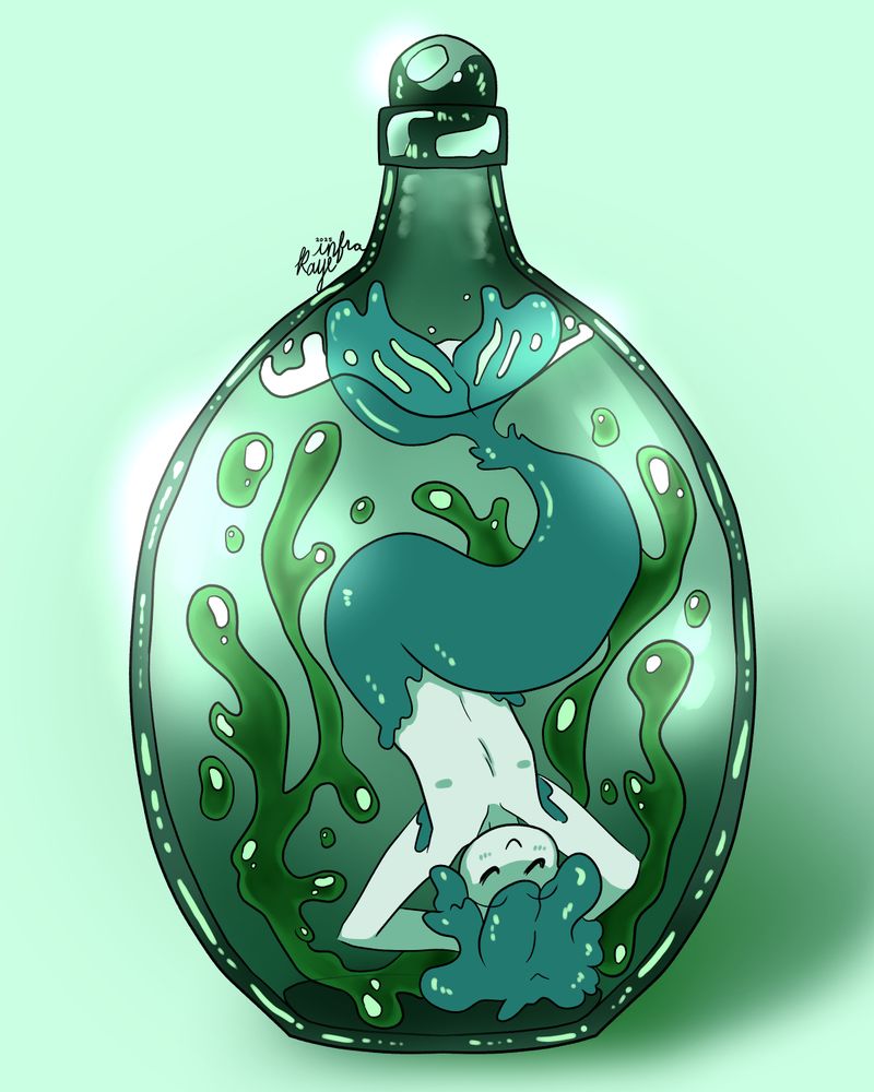 For Mermay 2025. A mermaid in a bottle. He's floating upside down relaxing with his arms up behind his head and tail splashing out of the water. Around him strands of green goop is floating in the water.