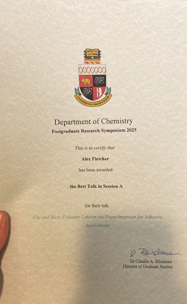 Alex Fletcher from BonLab wins a best talk award at the University of Warwick Chemistry Postgraduate Symposium 2025. 