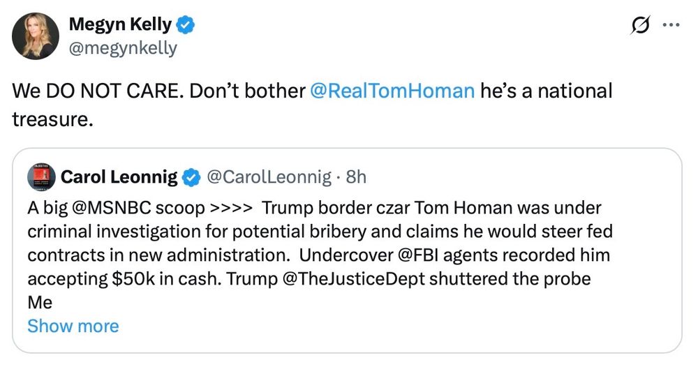 Megyn Kelly re: Tom homan scandal, "we DO NOT CARE"