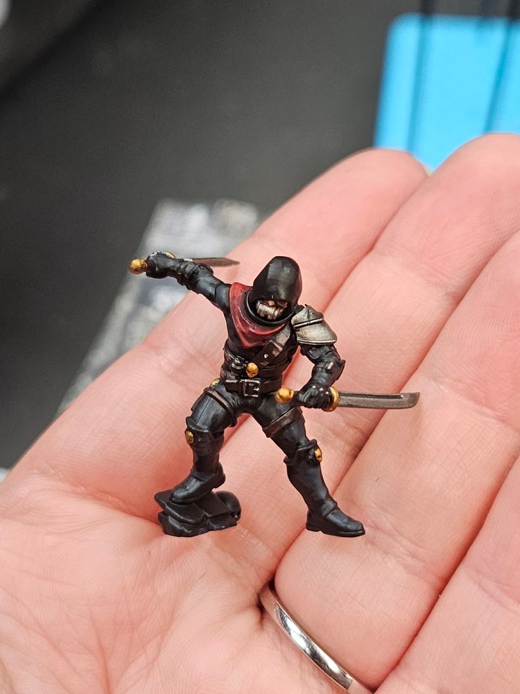 A painted miniature of an assassin. They are in all black apart from a red kerchief and silver shoulder pad. They are posed holding a blade in each hand as if to strike.