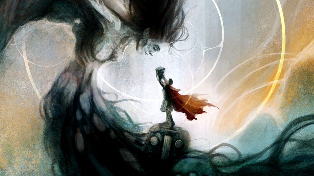 The wraithlike Beast Mara, batlike wings spread, looms over a red-cloaked Hunter who presents her with a tome. Art by Aron Midhall for Beast RPG.
