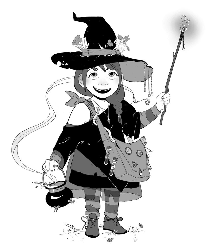 An 8-year-old witch, missing her front teeth and wielding a wand and tiny cauldron. She's carrying a pouch full of questionable materials and has herbs stuffed into a band around her pointy hat.