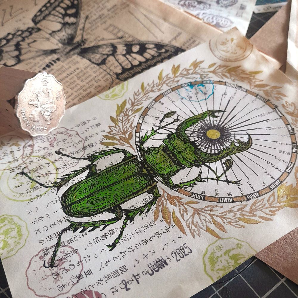 My last illustration of Stagbeetle with stamps aka Hong-Kong HKD glued on little piece of wood.