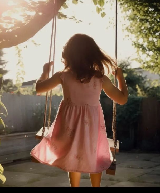 Une gamine en robe rose, de dos, est sensée faire de la balançoire sauf que :
Ses poings sont fermés dans le vide à côté des cordes,
Le siège de la balançoire est vaguement Mc Escherienne.