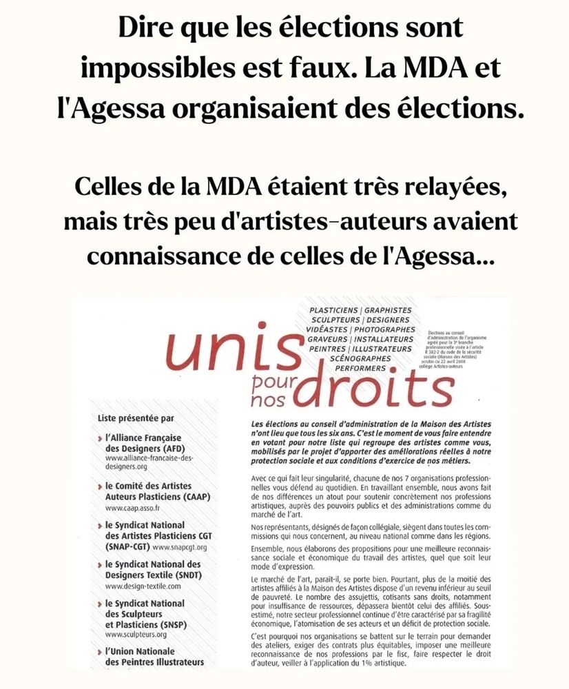 Le marché de l'art, parait-il, se porte bien. Pourtant, plus de la moitié des artistes affiliés à la Maison des Artistes dispose d'un revenu inférieur au seuil de pauvreté. Le nombre des assujettis, cotisants sans droits, notamment pour insuffisance de ressources, dépassera bientôt celui des affiliés. Sous-estimé, notre secteur professionnel continue d'être caractérisé par sa fragilité économique, l'atomisation de ses acteurs et un déficit de protection sociale.

C'est pourquoi nos organisations se battent sur le terrain pour demander des ateliers, exiger des contrats plus équitables, imposer une meilleure reconnaissance de nos professions par le fisc, faire respecter le droit. d'auteur, veiller à l'application du 1% artistique.
