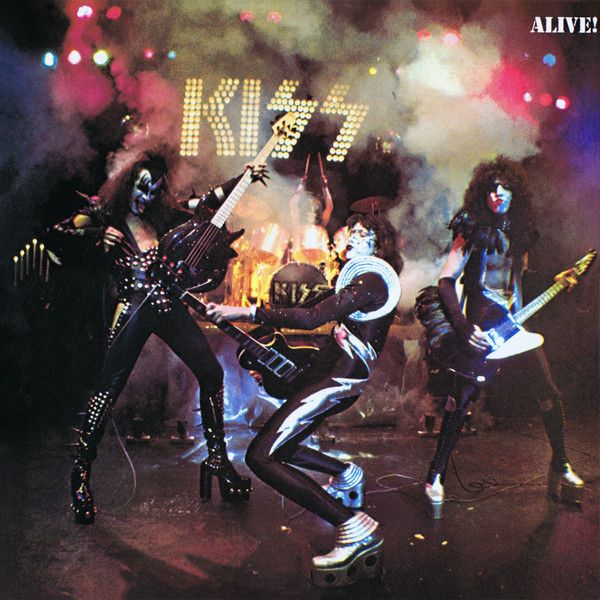 The image shows the cover of Alive!, the groundbreaking first live album by American hard rock band Kiss. 